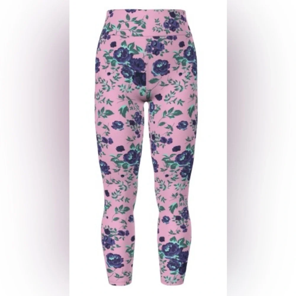 LuLaRoe Pink Leggings with Purple Floral and Green Leaves - Picture 1 of 2